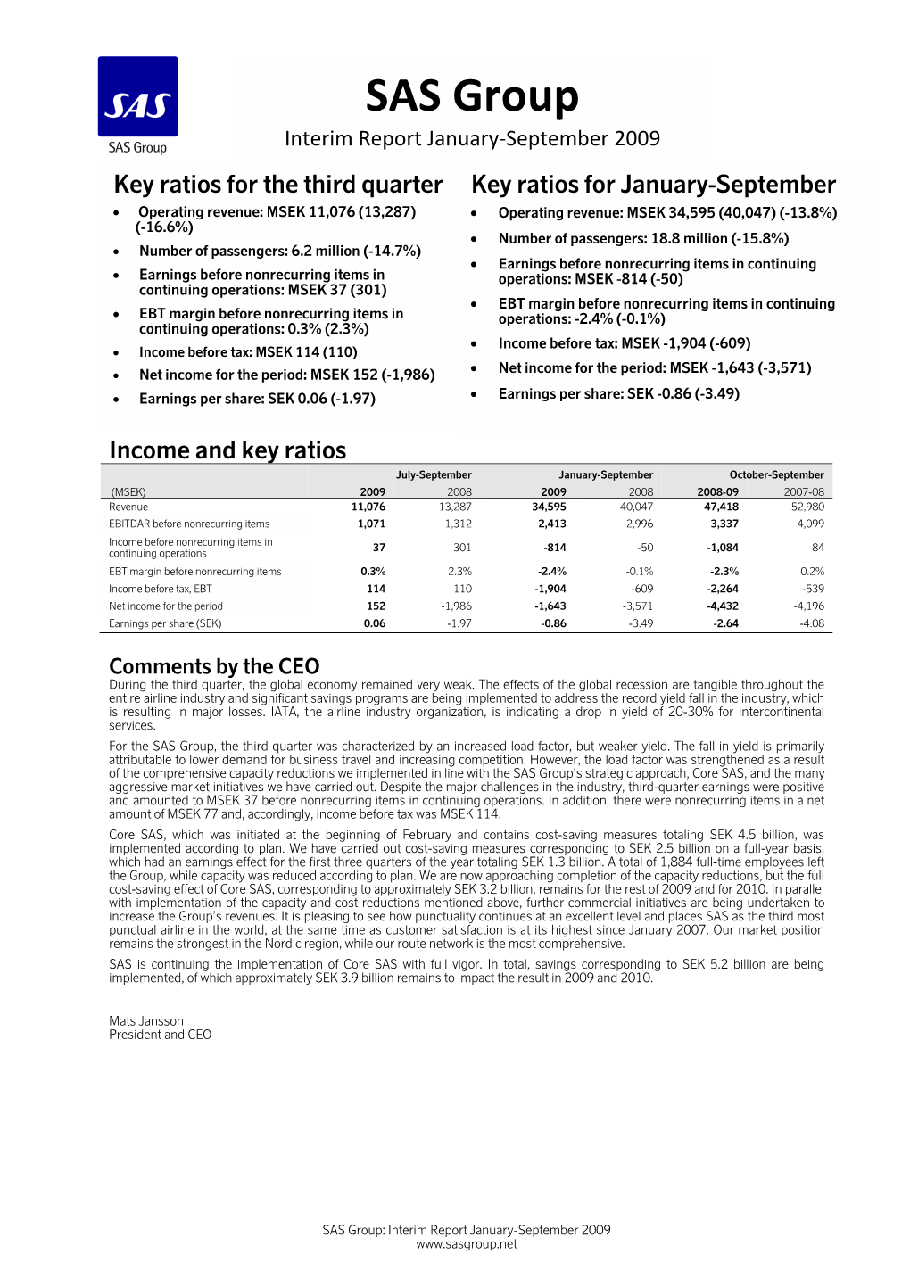 SAS Group Interim Report January‐September 2009