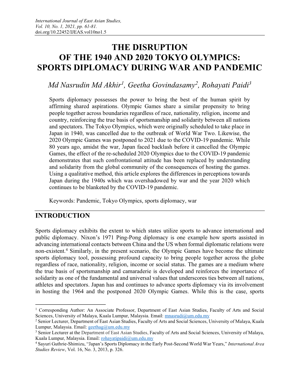 The Disruption of the 1940 and 2020 Tokyo Olympics: Sports Diplomacy During War and Pandemic