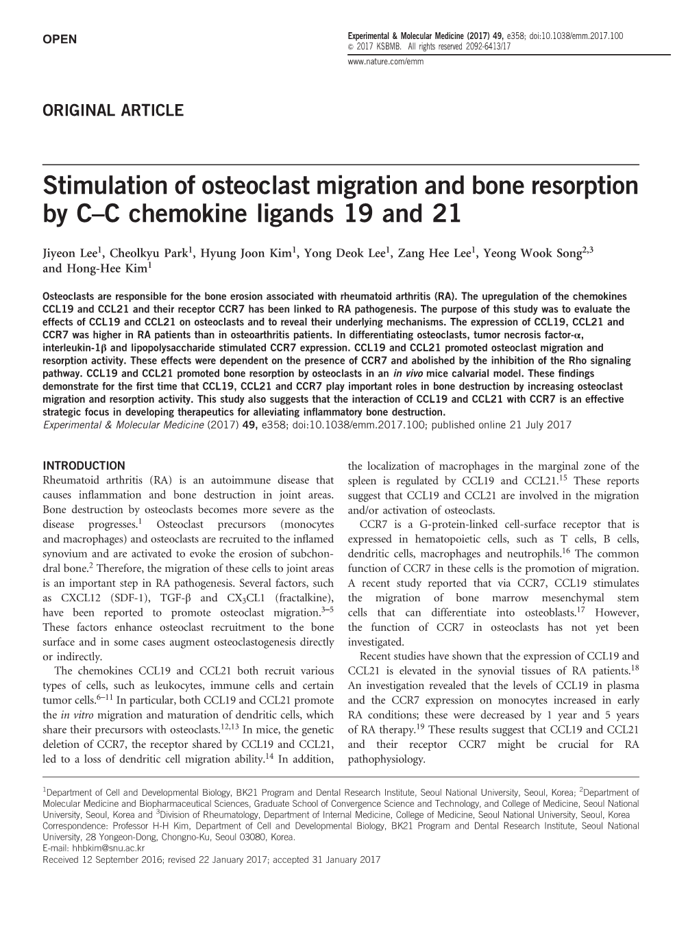 Stimulation of Osteoclast Migration and Bone Resorption by C–C Chemokine Ligands 19 and 21