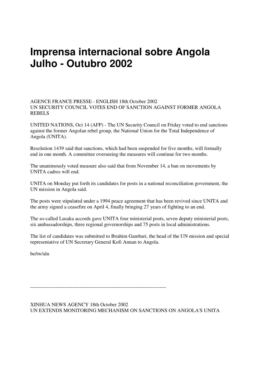 Imprensa Internacional Sobre Angola Julho - Outubro 2002