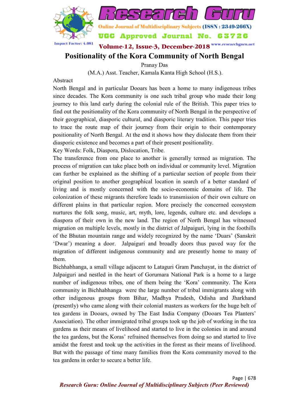 Positionality of the Kora Community of North Bengal Pranay Das (M.A.) Asst