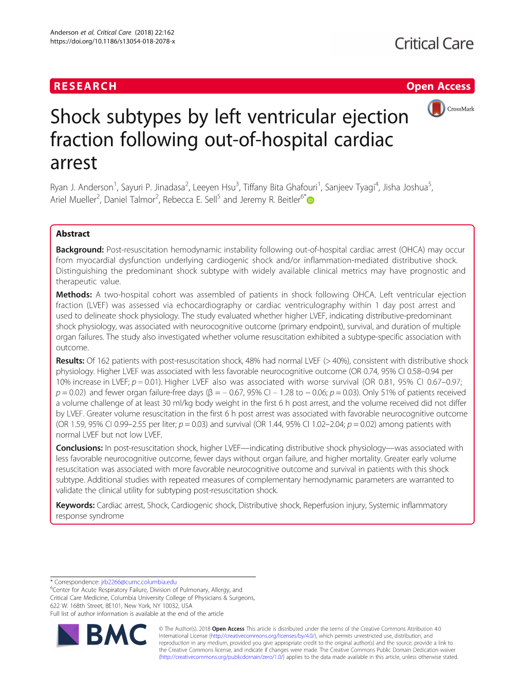 Shock Subtypes by Left Ventricular Ejection Fraction Following Out-Of-Hospital Cardiac Arrest Ryan J