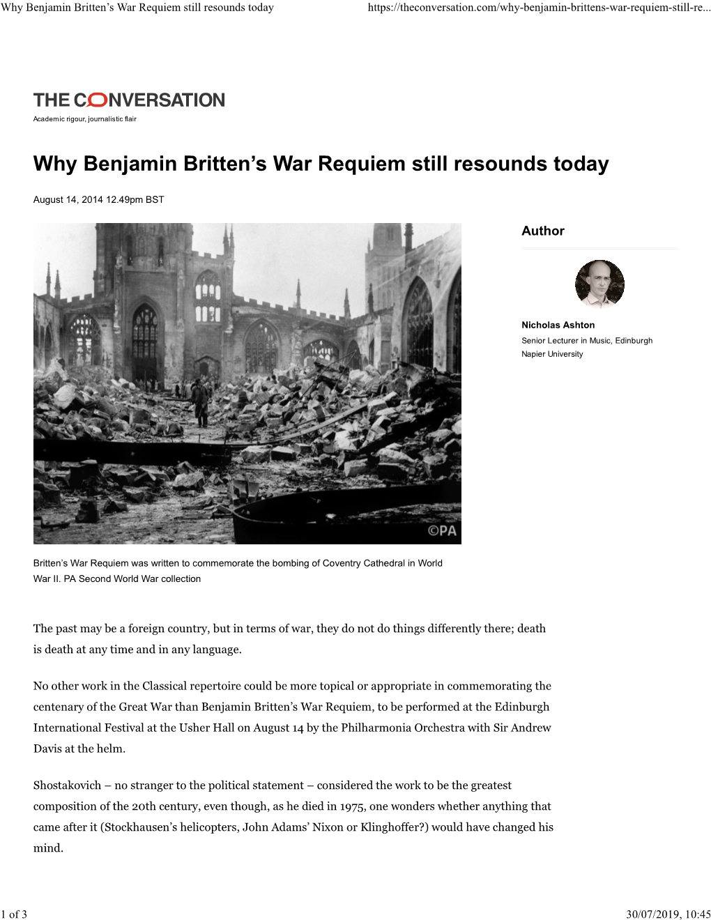 Why Benjamin Britten's War Requiem Still Resounds Today