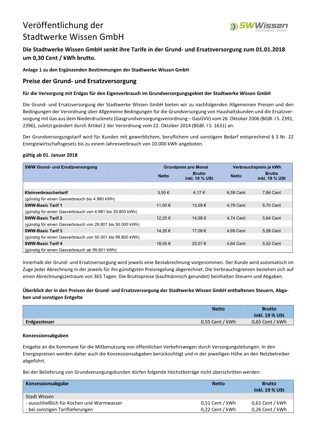 Preisblatt Zur Grund- Und Ersatzversorgung Ab 01.01.2018