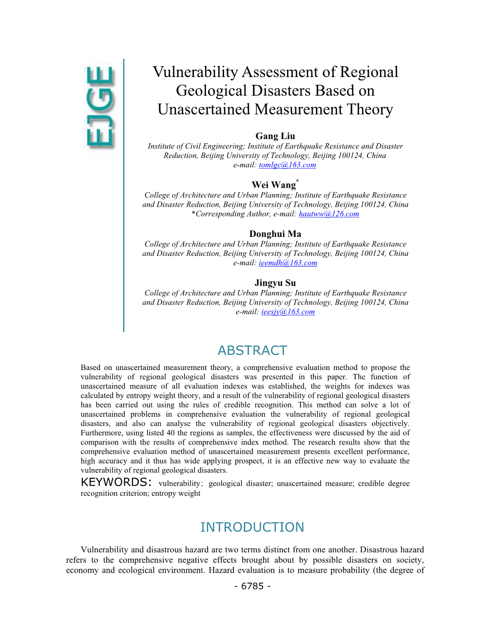 Vulnerability Assessment of Regional Geological Disasters Based on Unascertained Measurement Theory