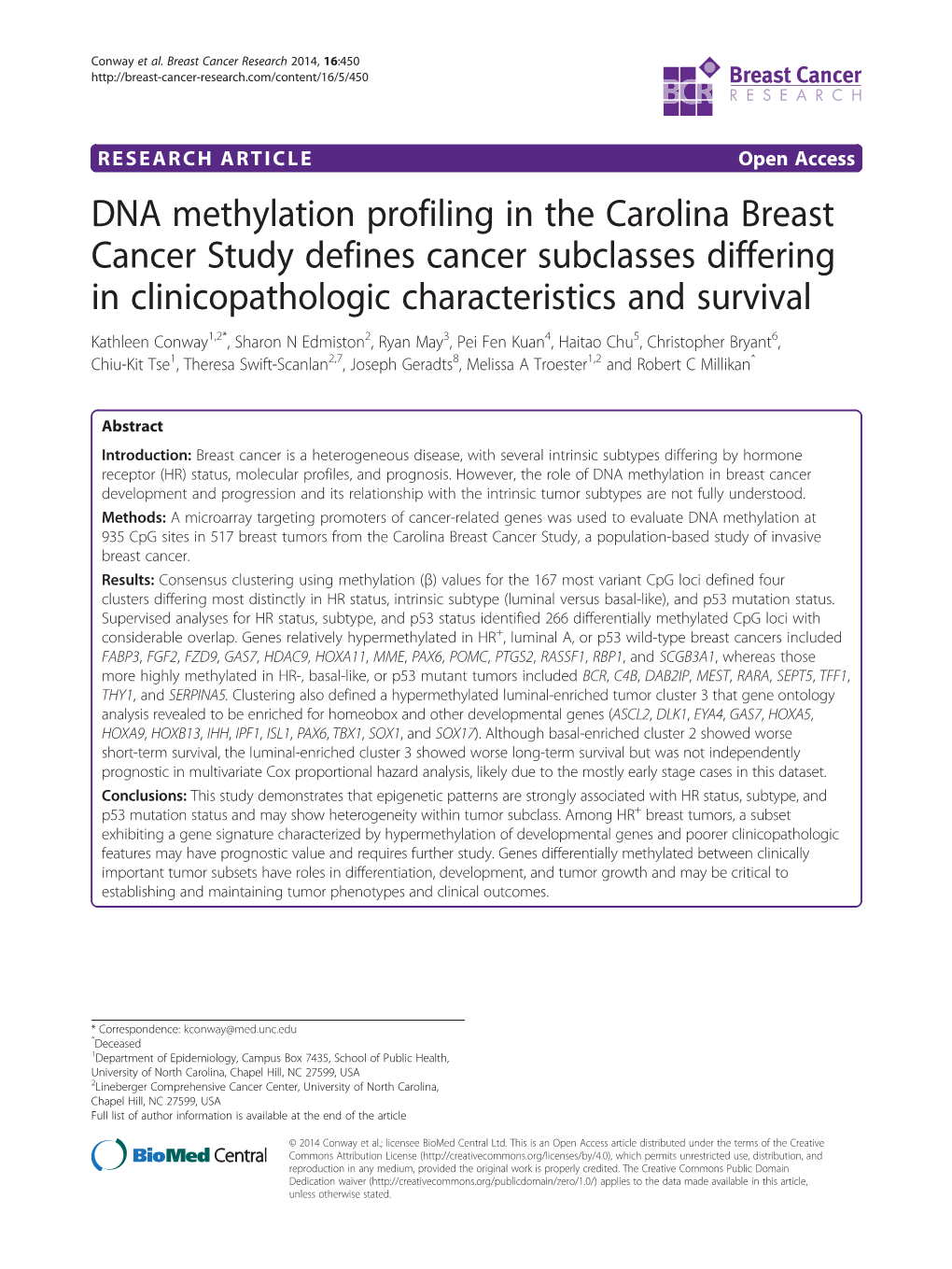 DNA Methylation Profiling in the Carolina Breast Cancer Study Defines Cancer Subclasses Differing in Clinicopathologic Character