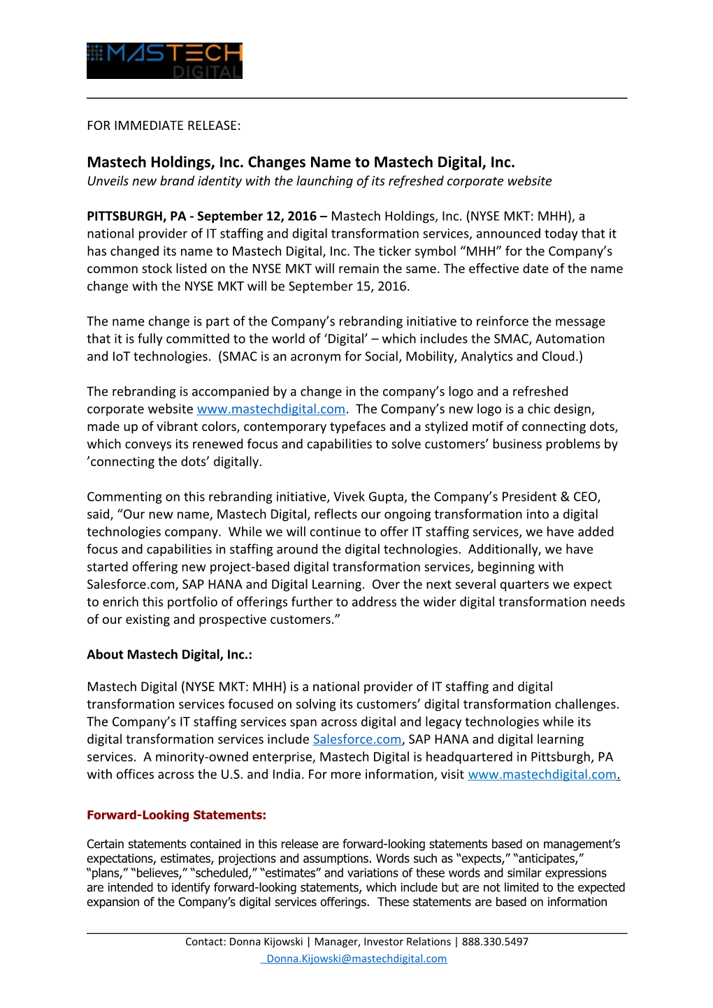 Mastech Holdings, Inc. Changes Name to Mastech Digital, Inc