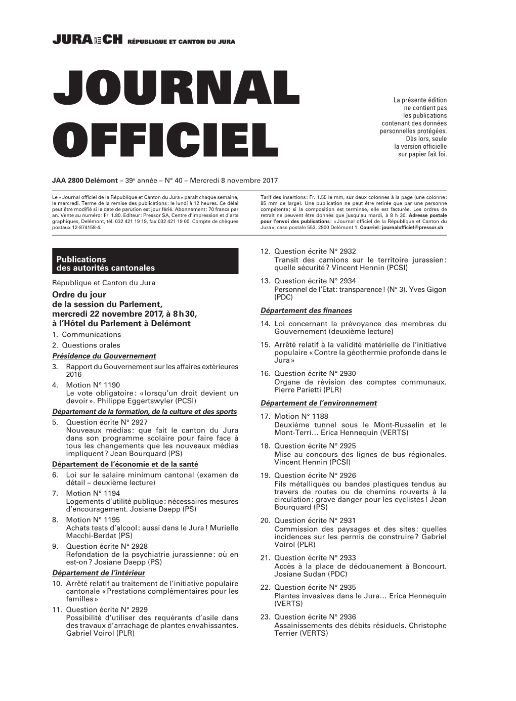 Journal Officiel De La République Et Canton Du Jura » Paraît Chaque Semaine, Tarif Des Insertions : Fr