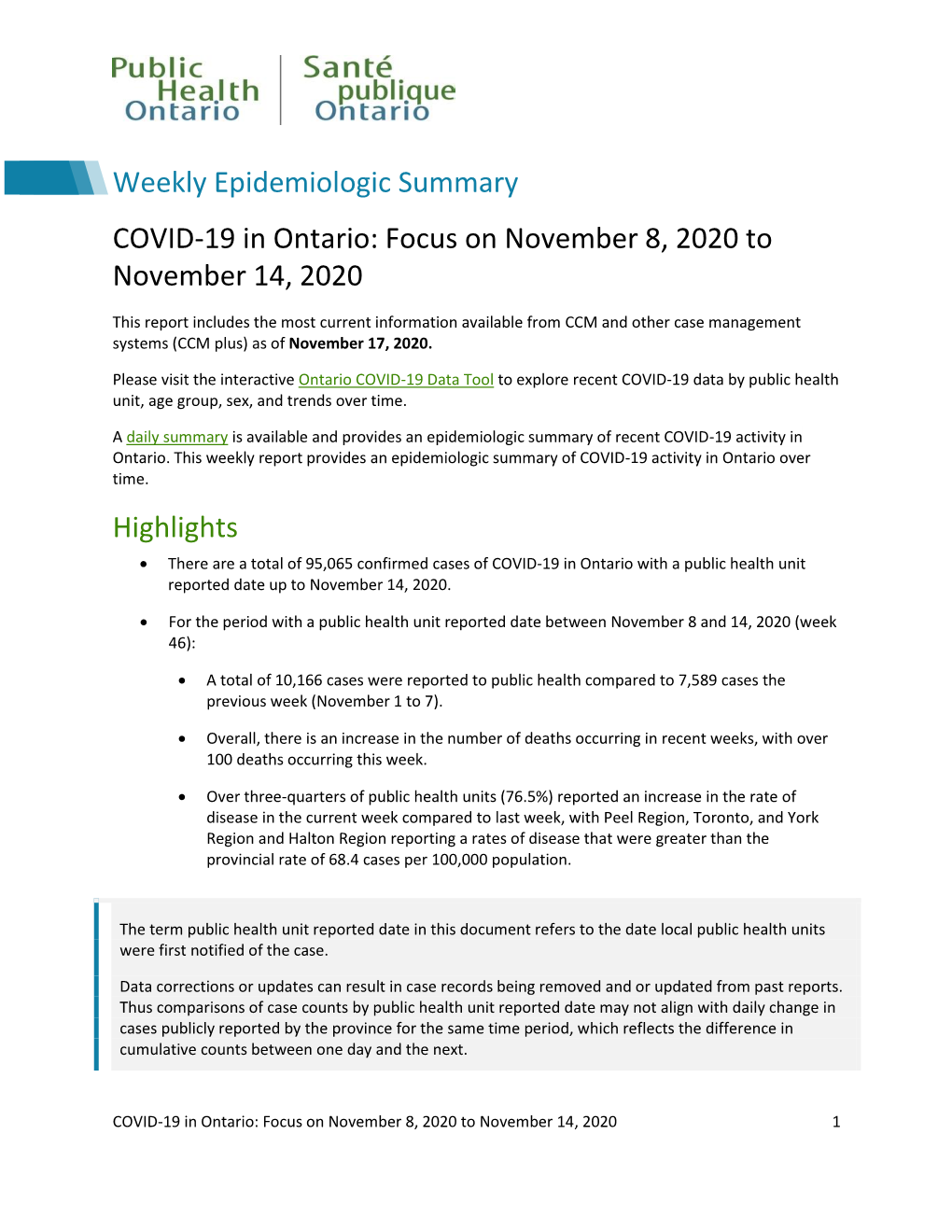 COVID-19 in Ontario: Focus on November 8, 2020 to November 14, 2020