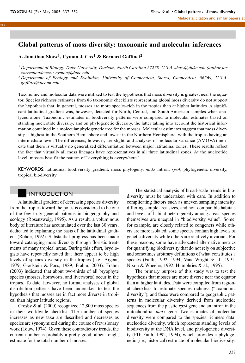 Global Patterns of Moss Diversity: Taxonomic and Molecular Inferences