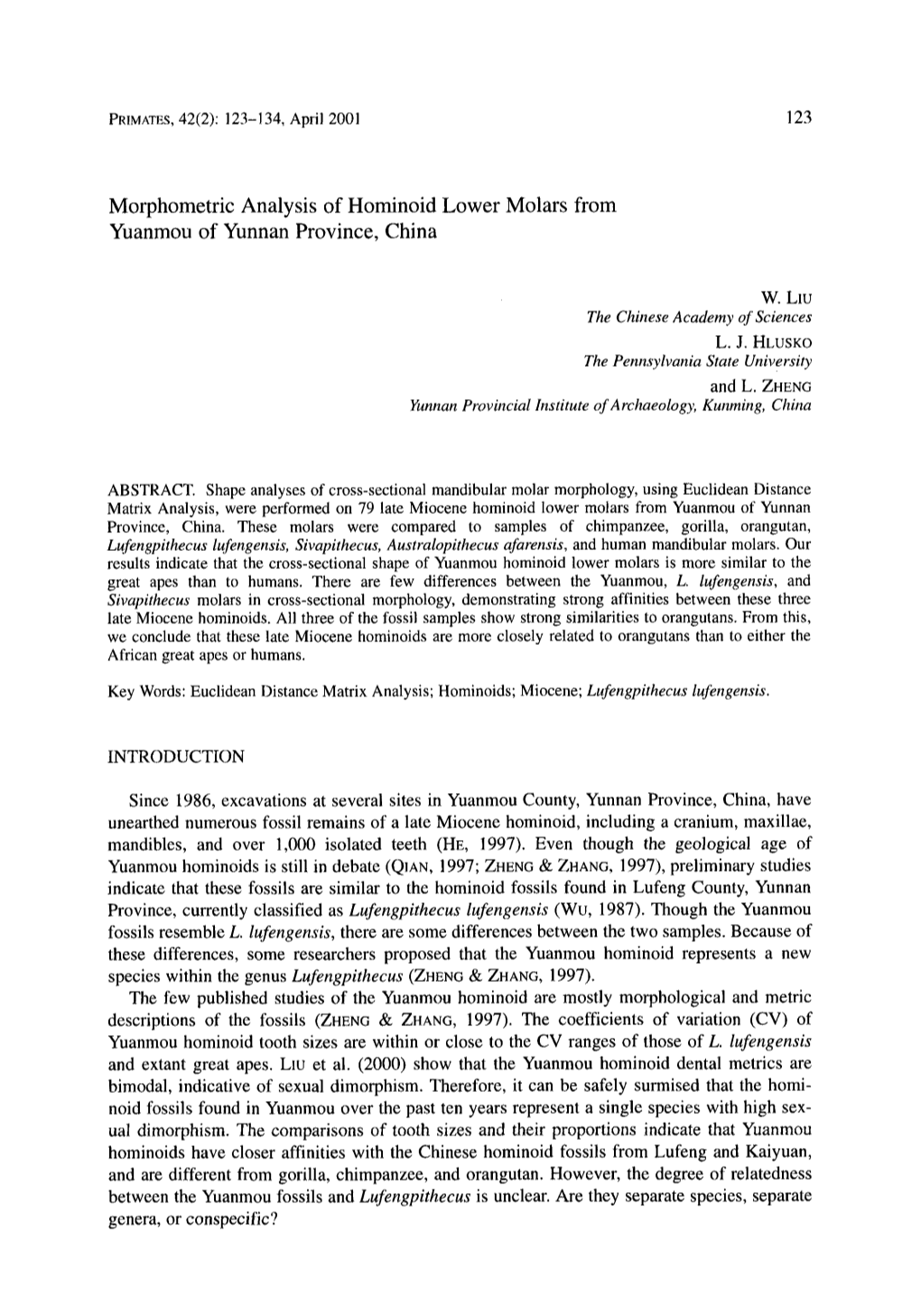 Morphometric Analysis of Hominoid Lower Molars from Yuanmou of Yunnan Province, China