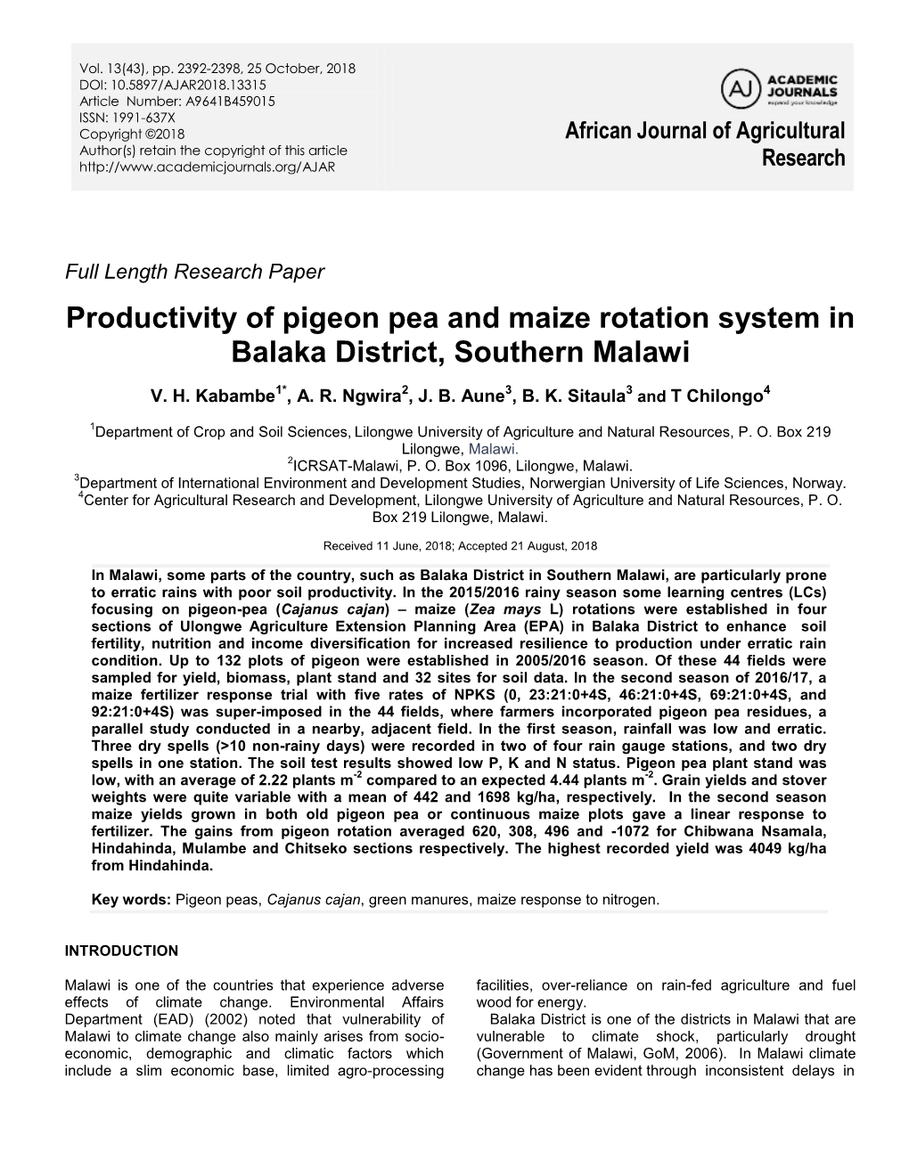 Productivity of Pigeon Pea and Maize Rotation System in Balaka District, Southern Malawi