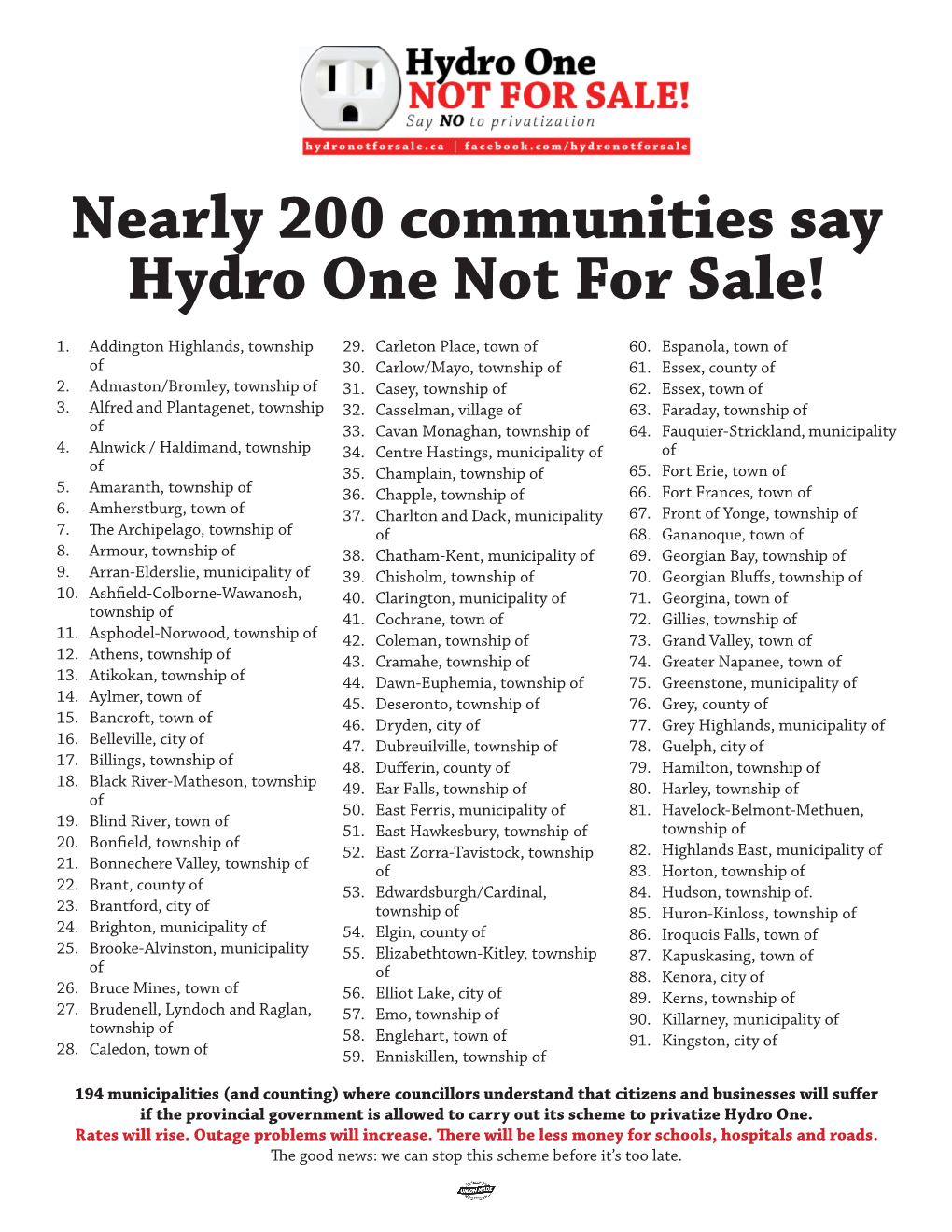 Nearly 200 Communities Say Hydro One Not for Sale!