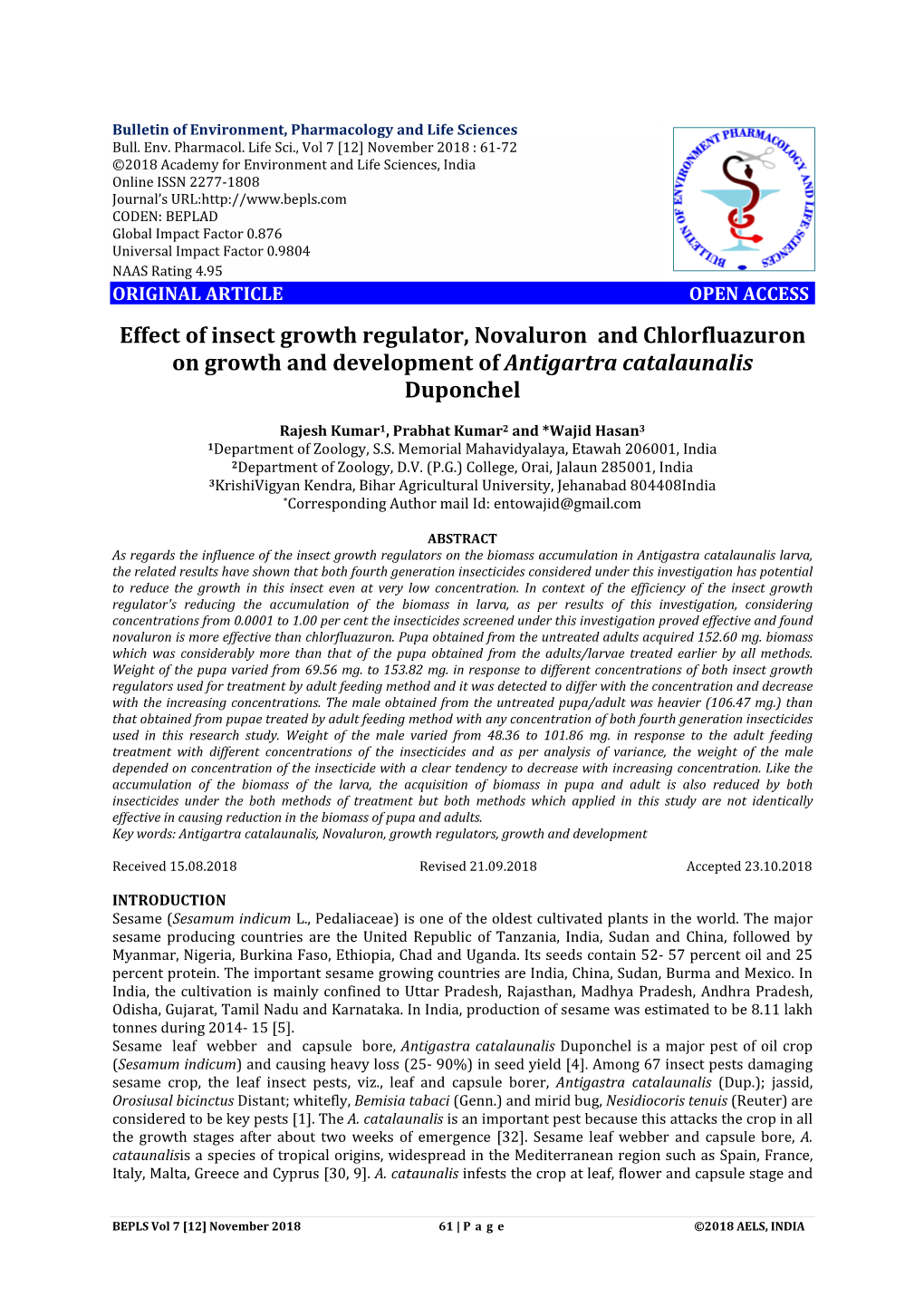 Effect of Insect Growth Regulator, Novaluron and Chlorfluazuron on Growth and Development of Antigartra Catalaunalis Duponchel