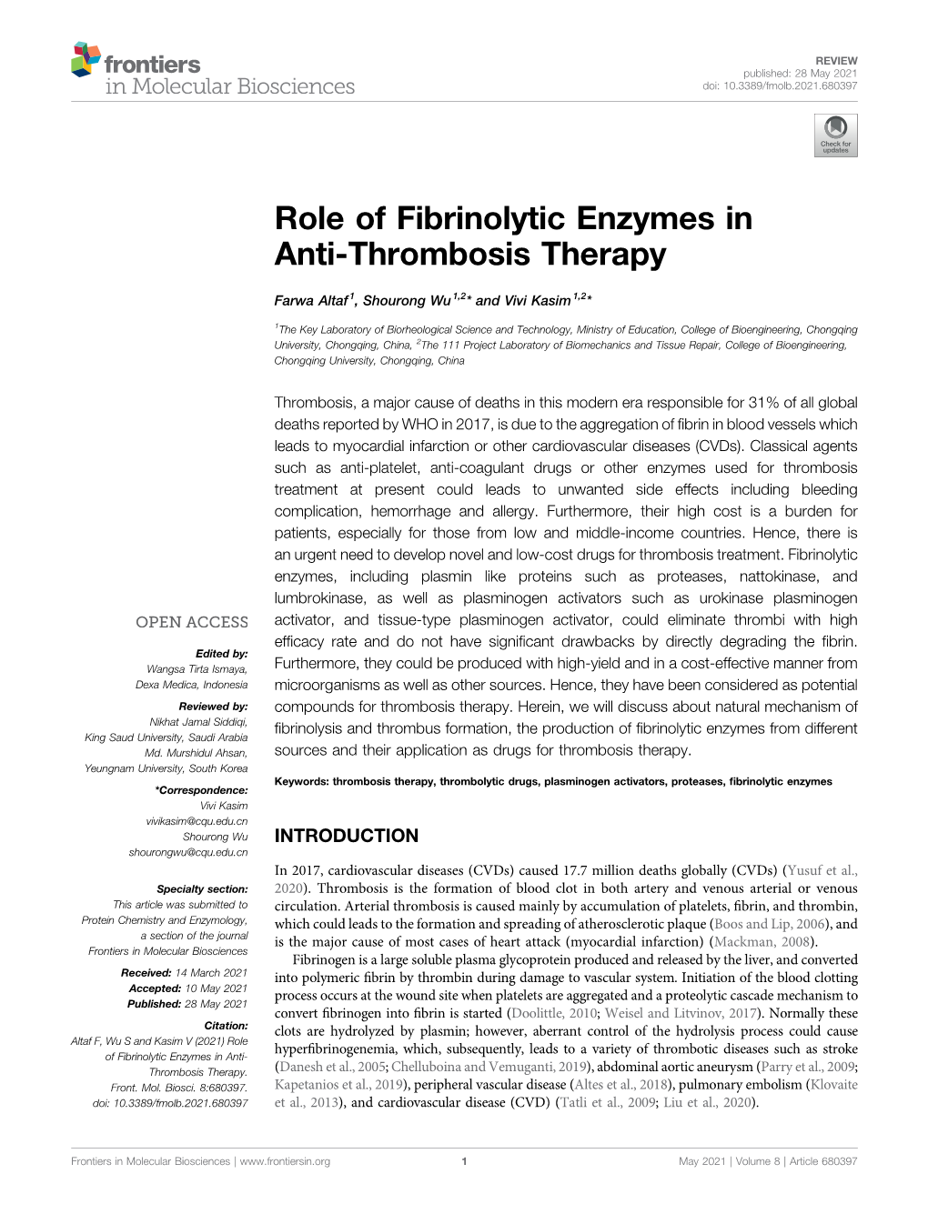 Role of Fibrinolytic Enzymes in Anti-Thrombosis Therapy