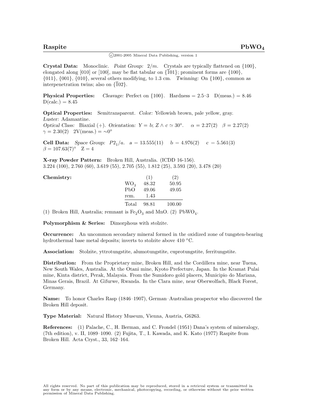 Raspite Pbwo4 C 2001-2005 Mineral Data Publishing, Version 1