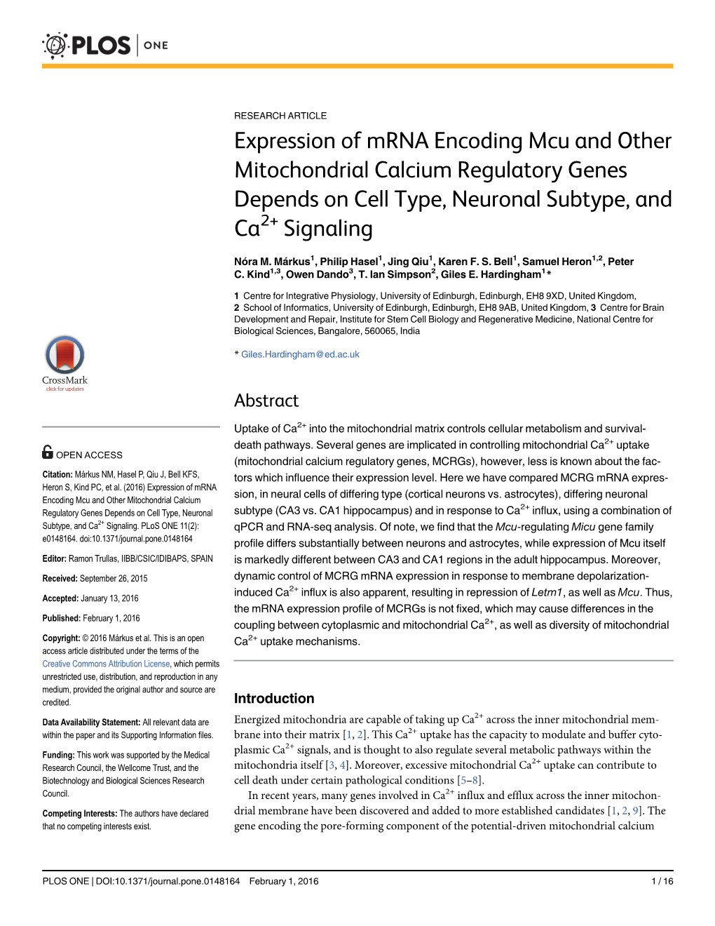 Expression of Mrna Encoding Mcu and Other Mitochondrial Calcium Regulatory Genes Depends on Cell Type, Neuronal Subtype, and Ca2+ Signaling