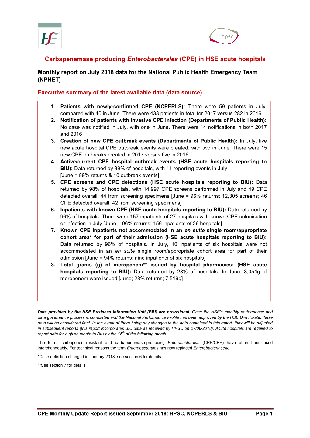 Carbapenemase Producing Enterobacterales (CPE) in HSE Acute Hospitals