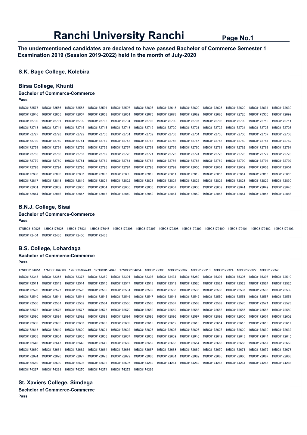 Result of B.Comm. ( Semester -I )Session 2019-22