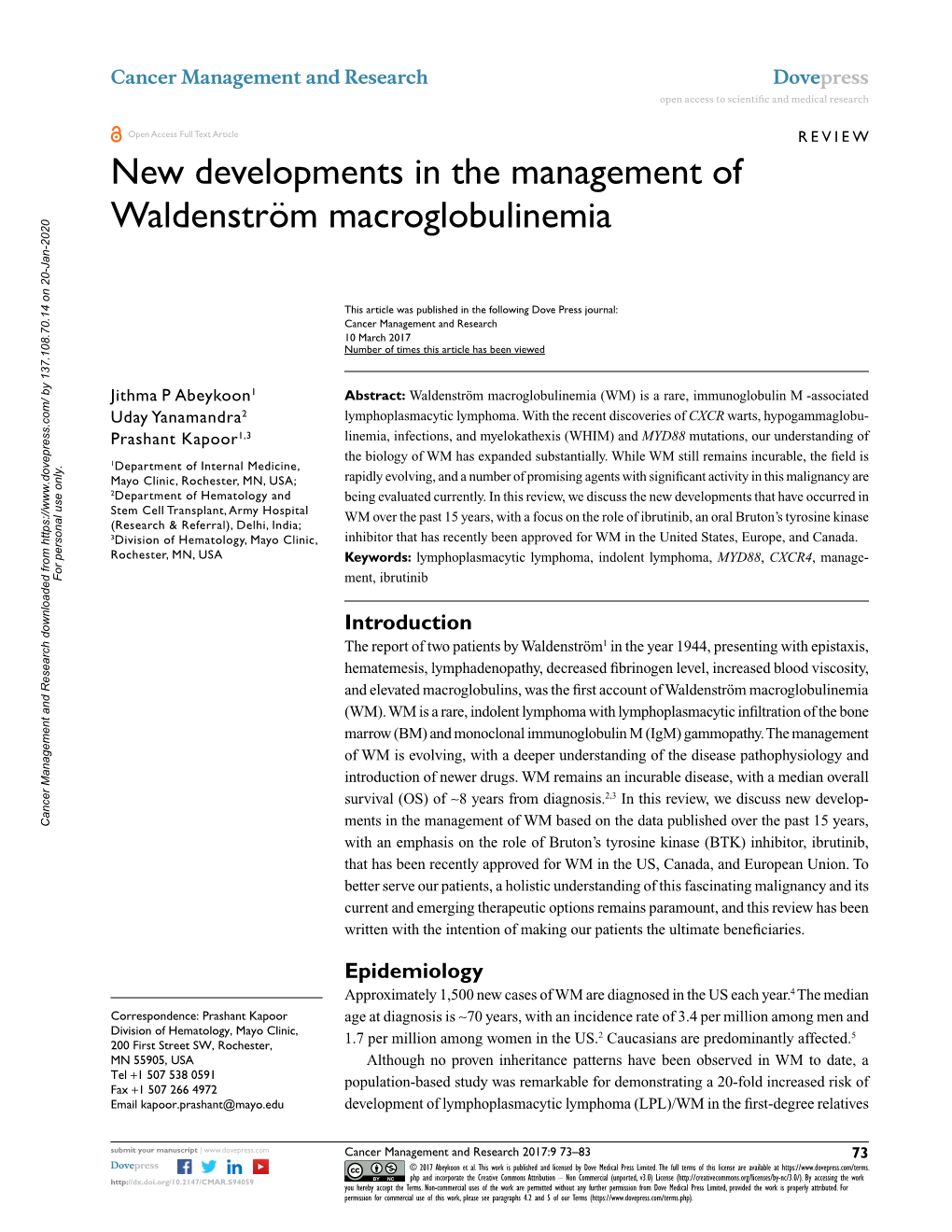 New Developments in the Management of Waldenström Macroglobulinemia