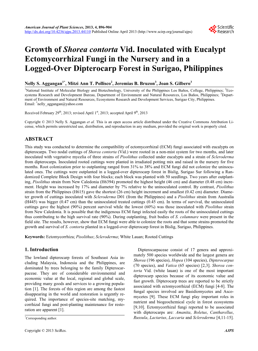 Growth of Shorea Contorta Vid. Inoculated with Eucalypt Ectomycorrhizal Fungi in the Nursery and in a Logged-Over Dipterocarp Forest in Surigao, Philippines