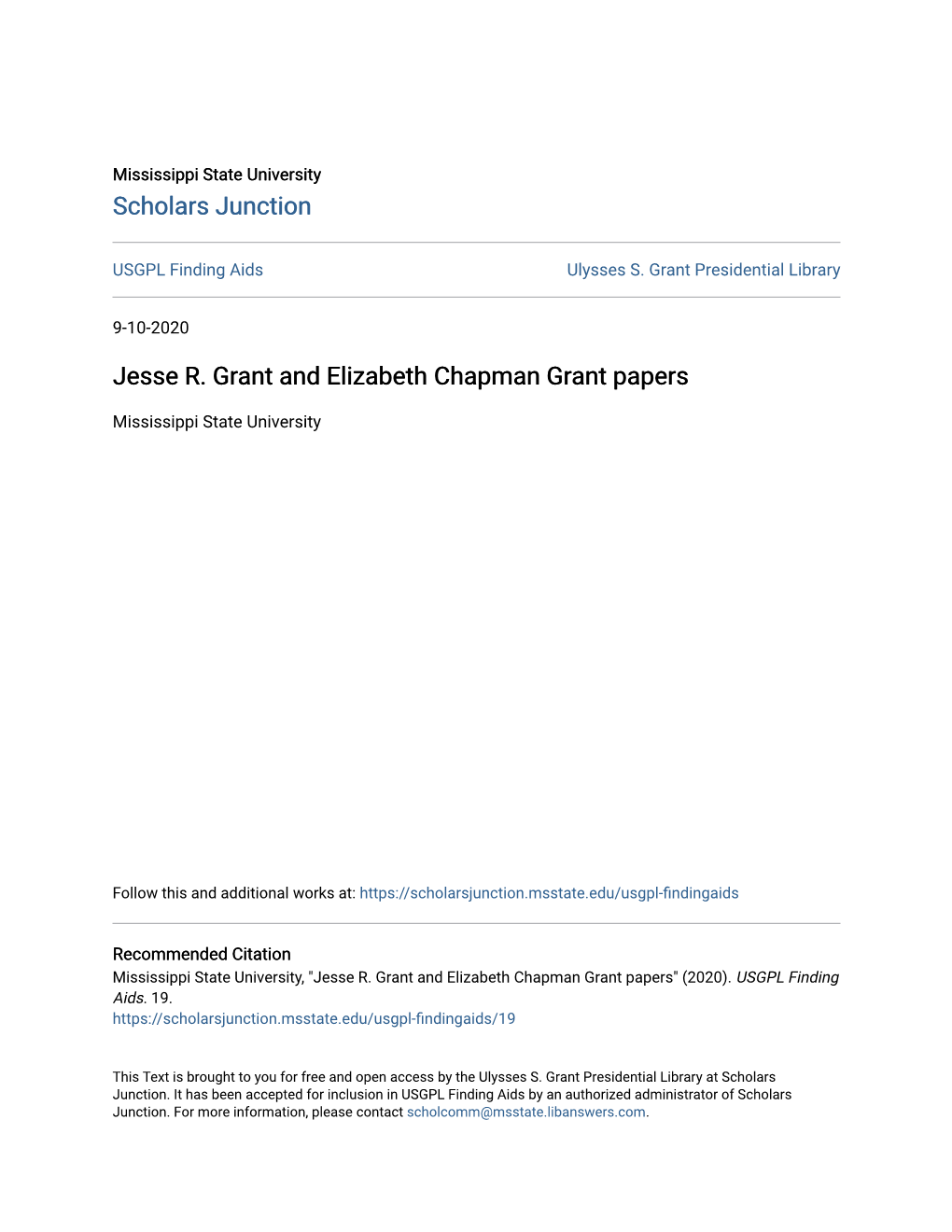 Jesse R. Grant and Elizabeth Chapman Grant Papers