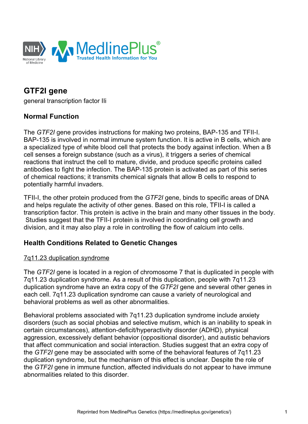 GTF2I Gene General Transcription Factor Iii