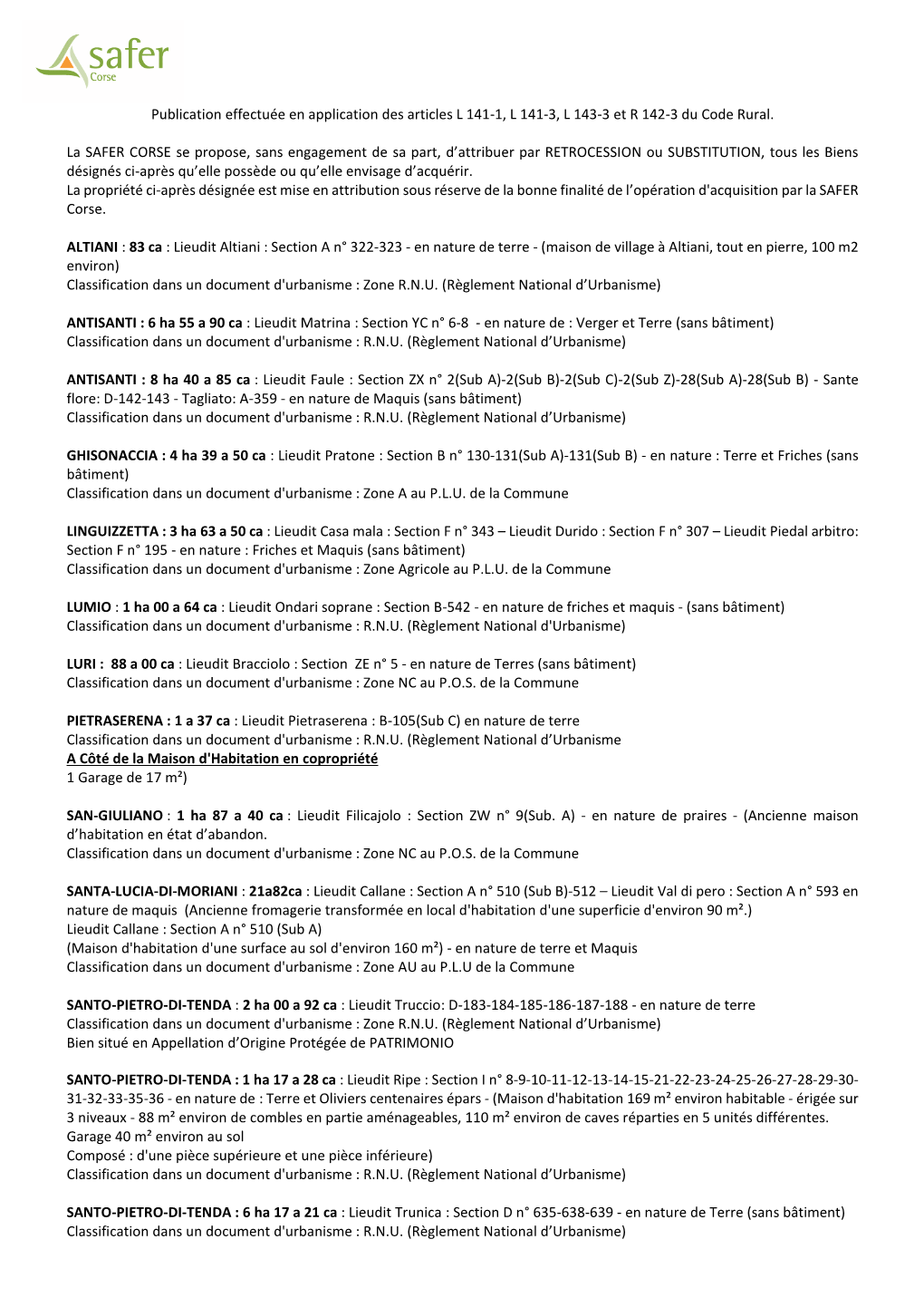 Publication Effectuée En Application Des Articles L 141-1, L 141-3, L 143-3 Et R 142-3 Du Code Rural