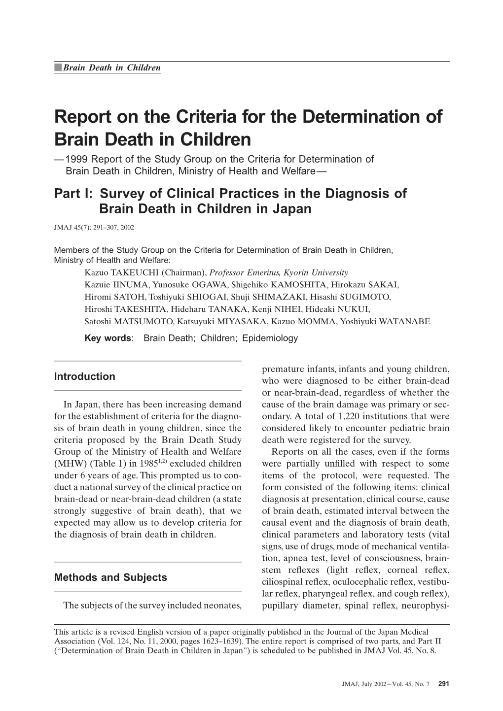 Report on the Criteria for the Determination of Brain Death In