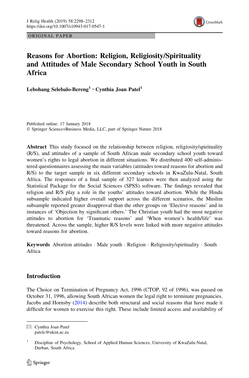 Reasons for Abortion: Religion, Religiosity/Spirituality and Attitudes of Male Secondary School Youth in South Africa