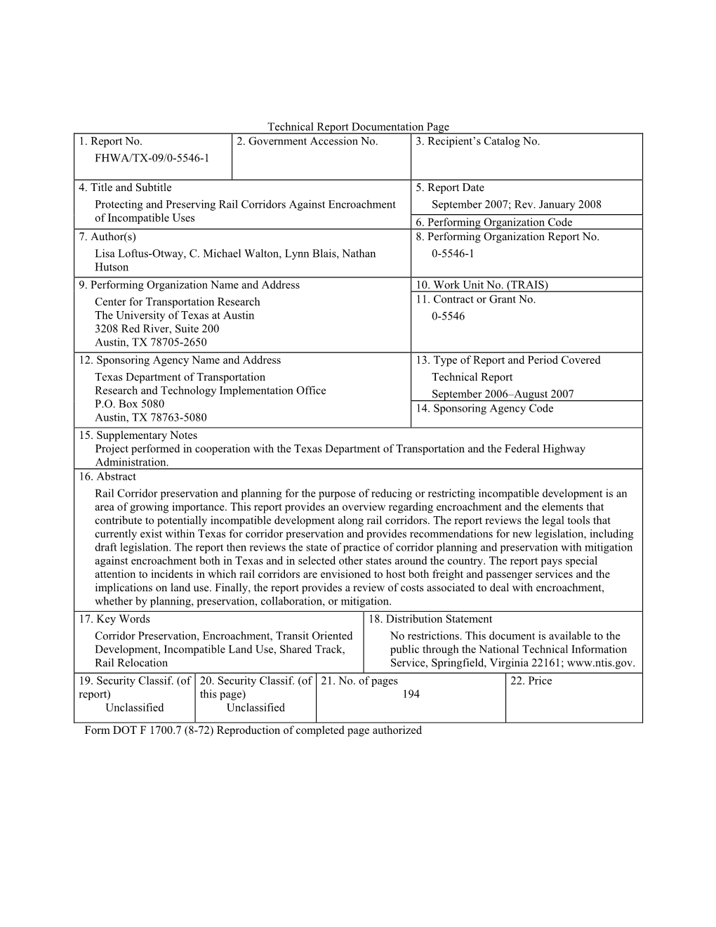 Technical Report Documentation Page 1. Report No. FHWA/TX-09/0
