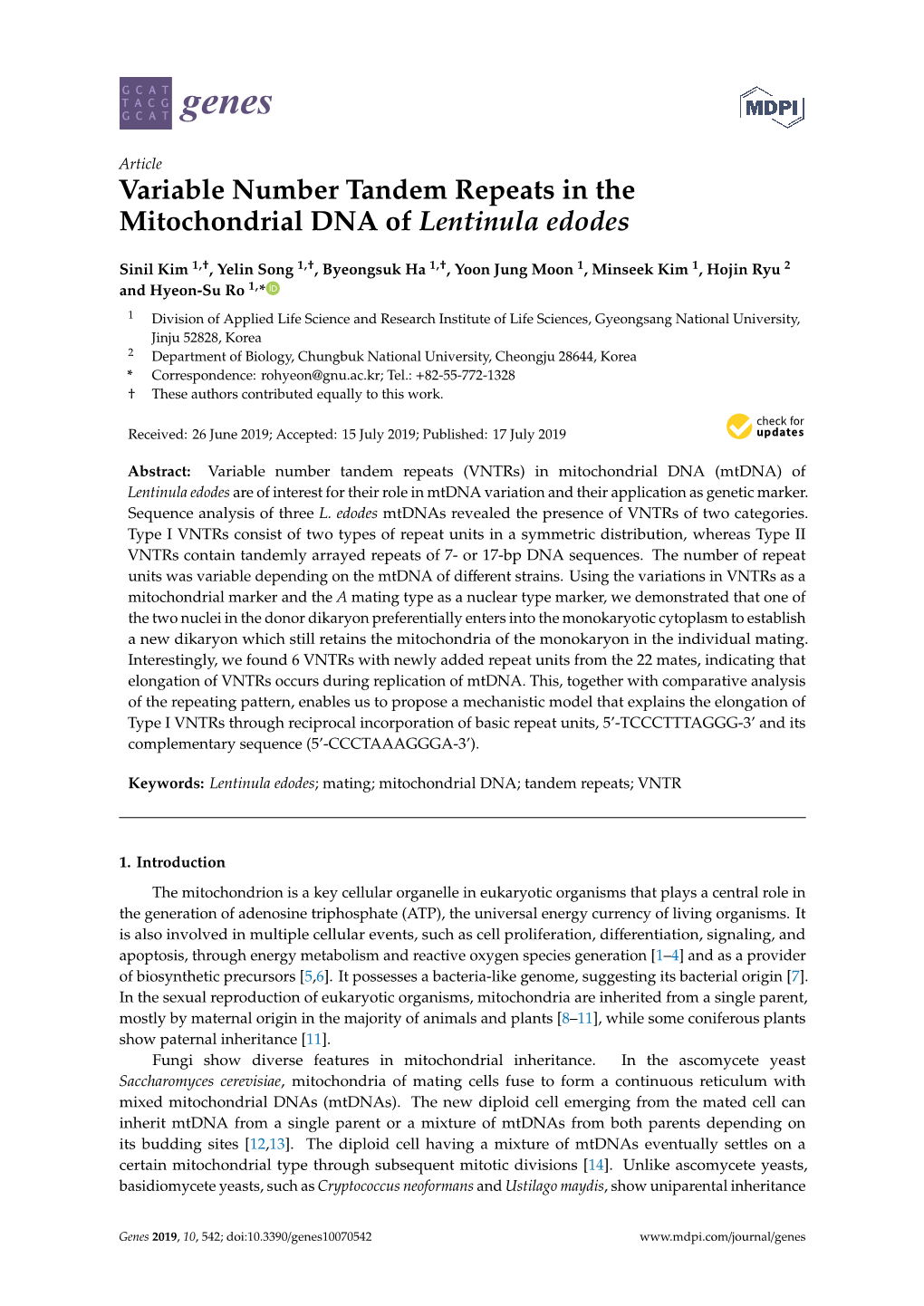 Variable Number Tandem Repeats in the Mitochondrial DNA of Lentinula Edodes