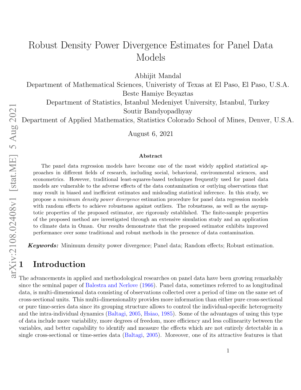 Robust Density Power Divergence Estimates for Panel Data Models Arxiv:2108.02408V1 [Stat.ME] 5 Aug 2021