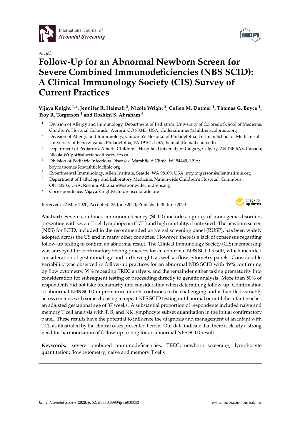 NBS SCID): a Clinical Immunology Society (CIS) Survey of Current Practices