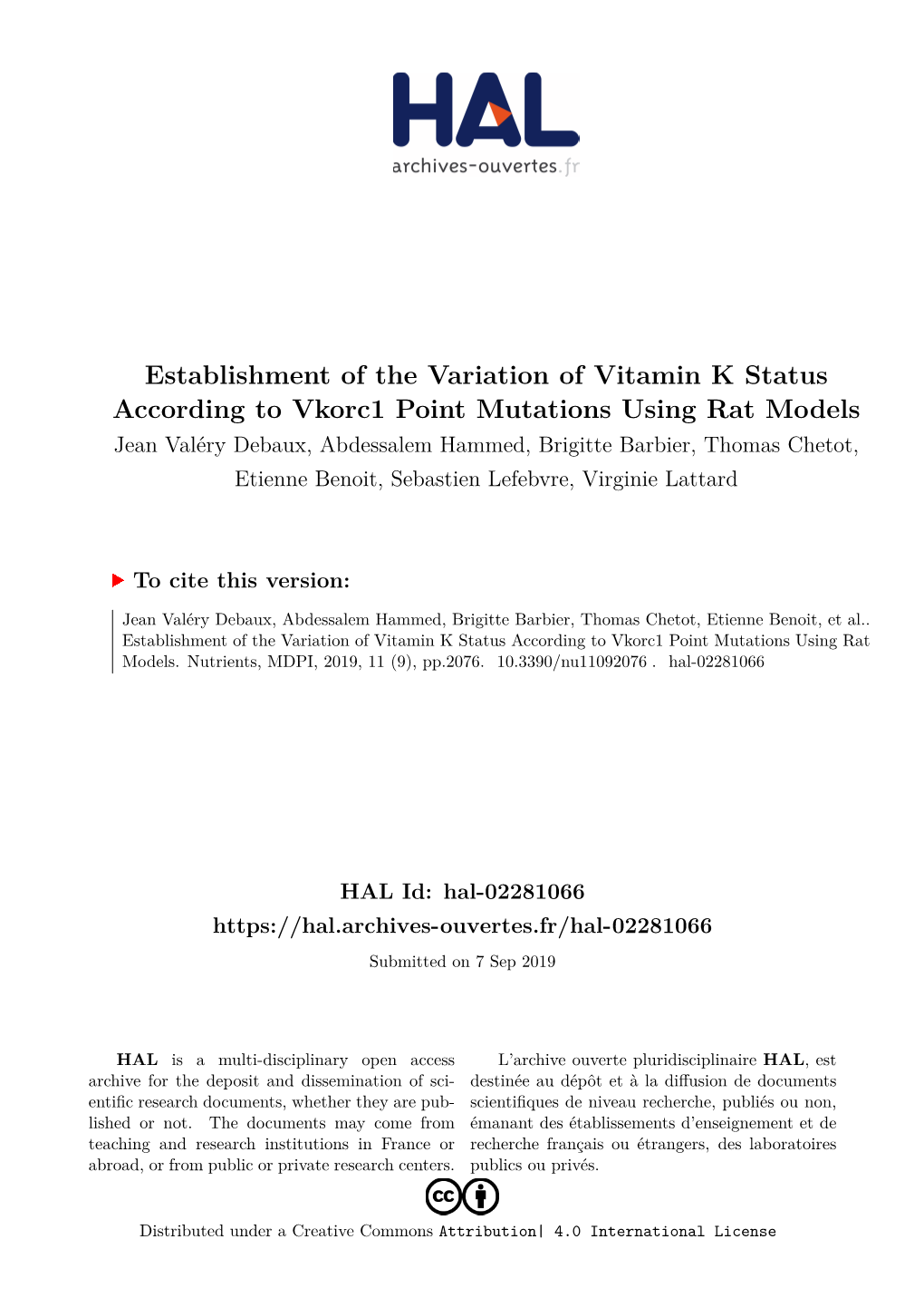 Establishment of the Variation of Vitamin K Status According to Vkorc1 Point Mutations Using Rat Models