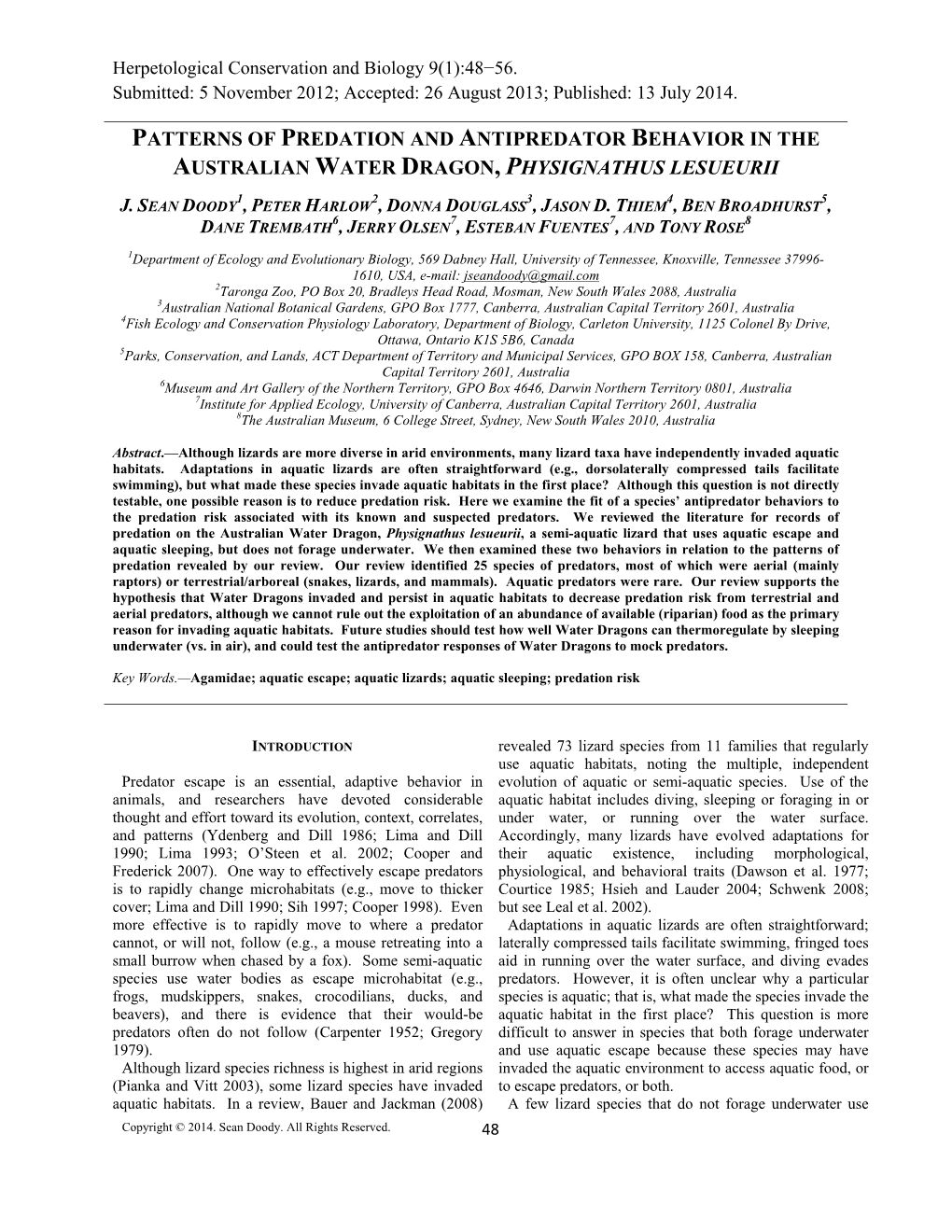 Patterns of Predation and Antipredator Behavior in the Australian Water Dragon, Physignathus Lesueurii