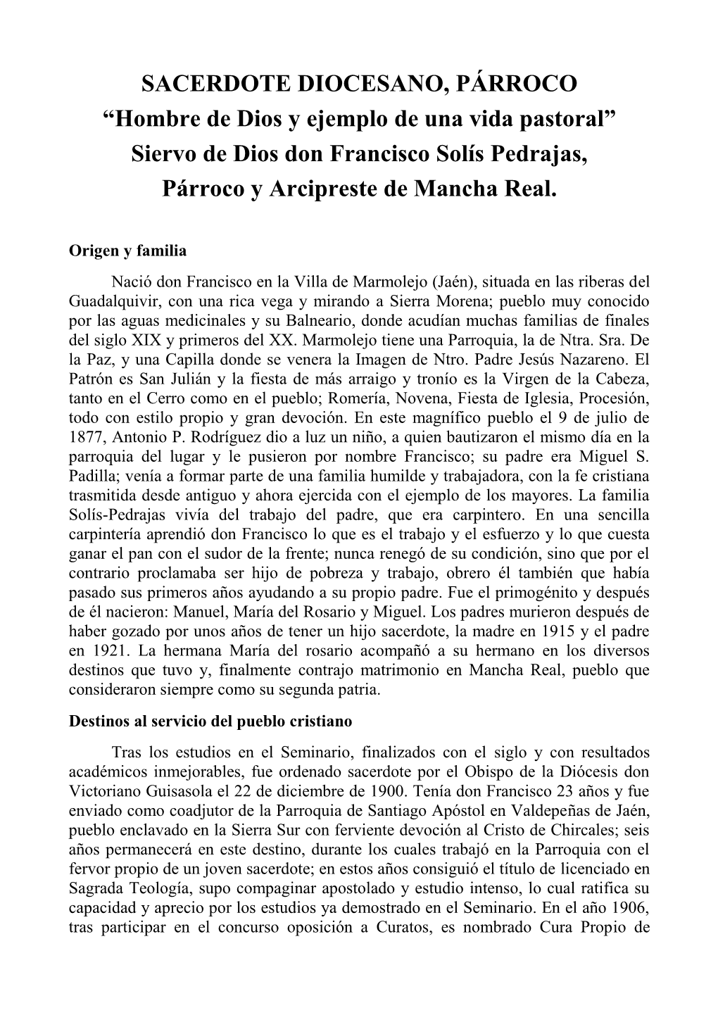 SACERDOTE DIOCESANO, PÁRROCO “Hombre De Dios Y Ejemplo De Una Vida Pastoral” Siervo De Dios Don Francisco Solís Pedrajas, Párroco Y Arcipreste De Mancha Real