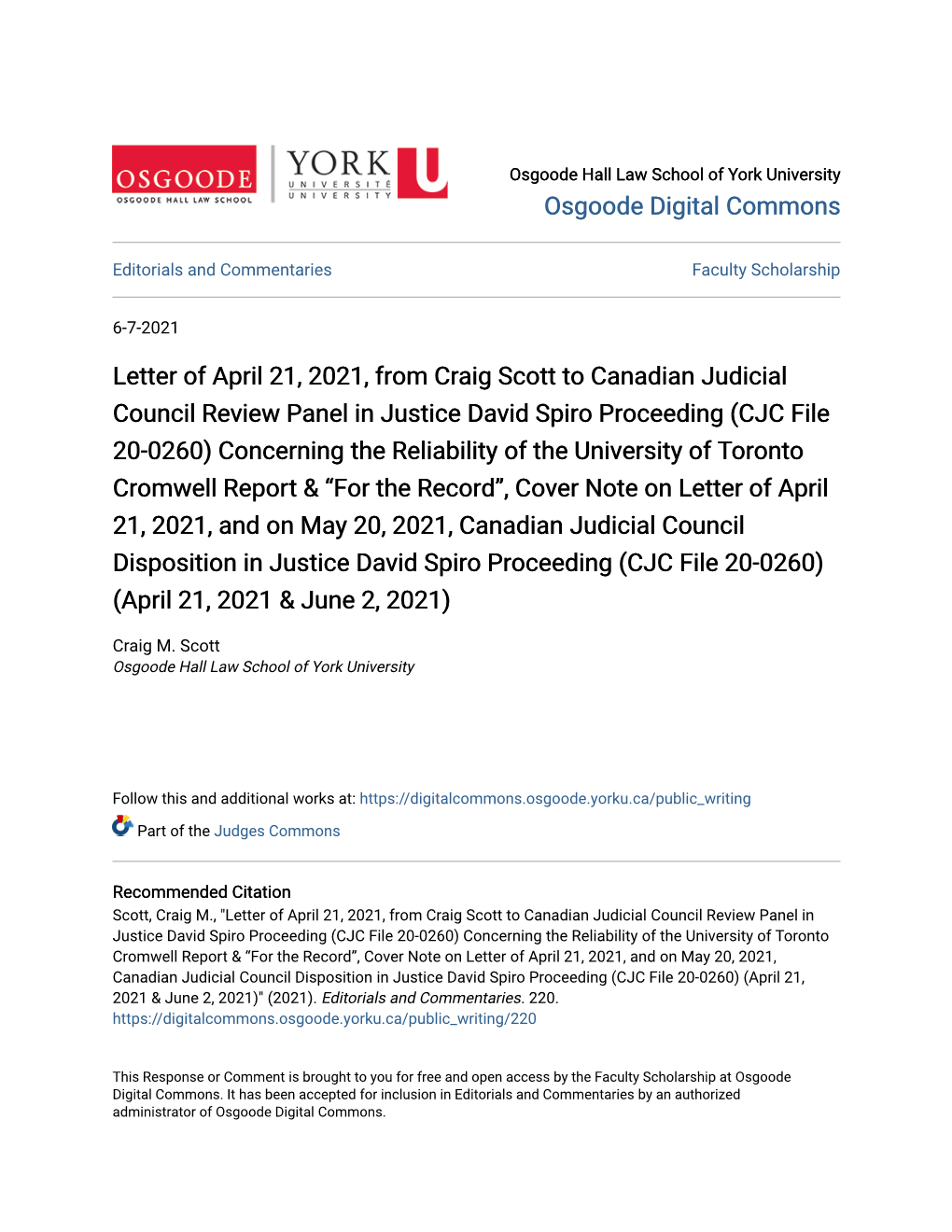 Letter of April 21, 2021, from Craig Scott to Canadian Judicial Council