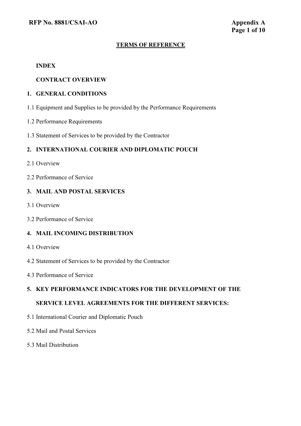 RFP No. 8881/CSAI-AO Appendix a Page 1 of 10