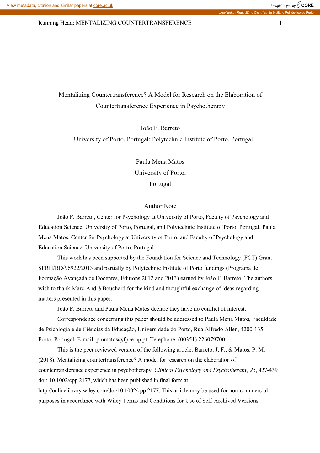 Mentalizing Countertransference? a Model for Research on the Elaboration of Countertransference Experience in Psychotherapy