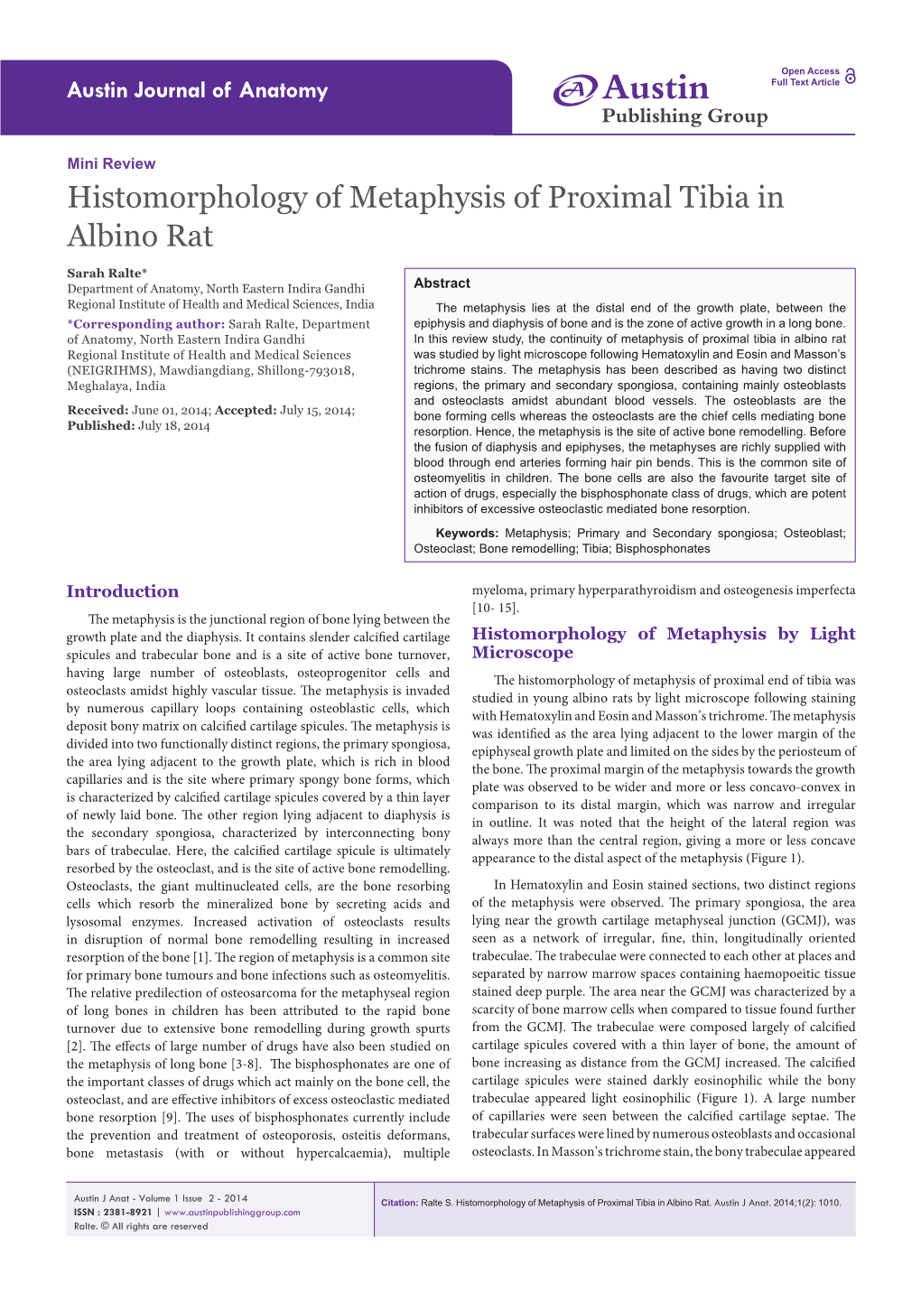 Histomorphology of Metaphysis of Proximal Tibia in Albino Rat