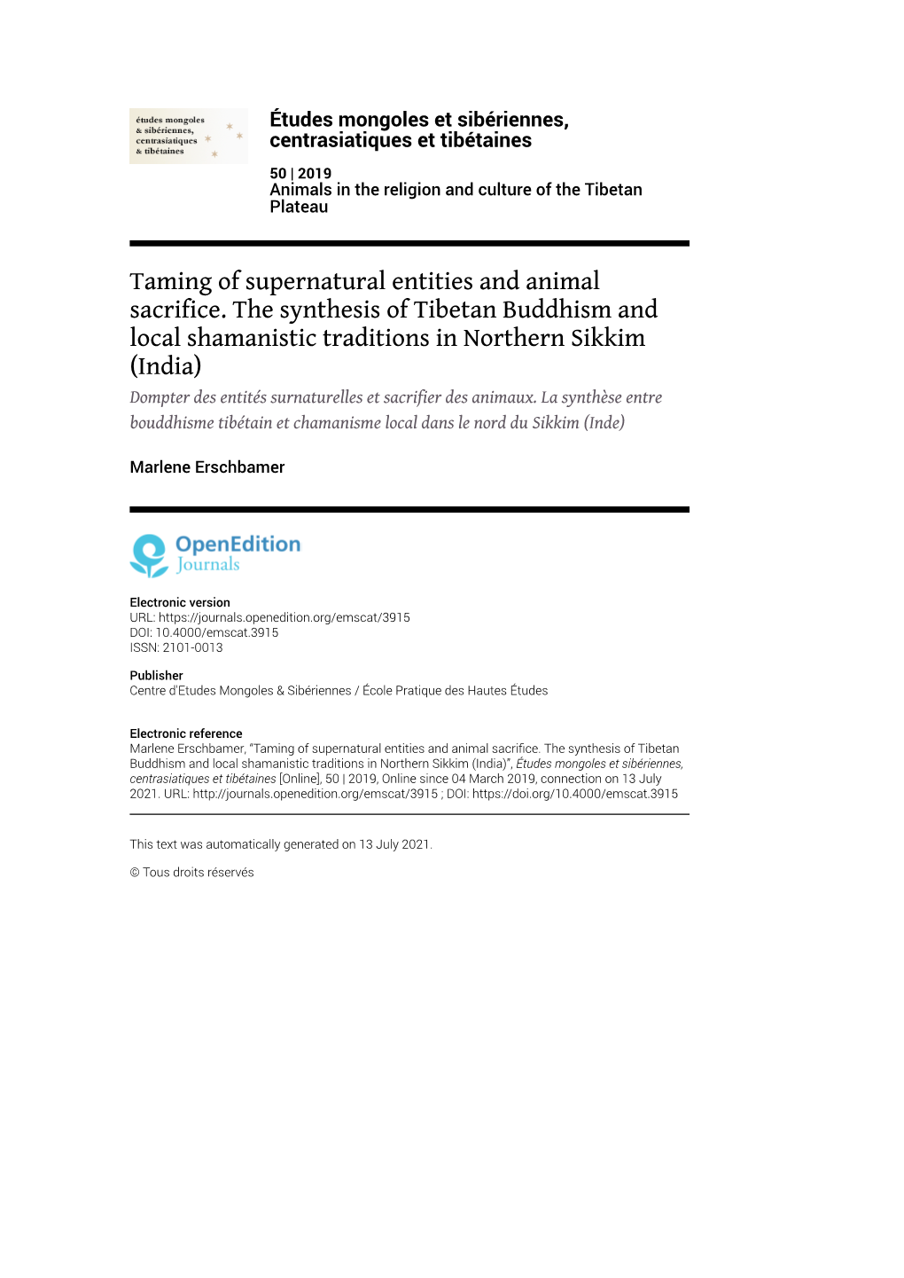 Études Mongoles Et Sibériennes, Centrasiatiques Et Tibétaines, 50 | 2019 Taming of Supernatural Entities and Animal Sacrifice