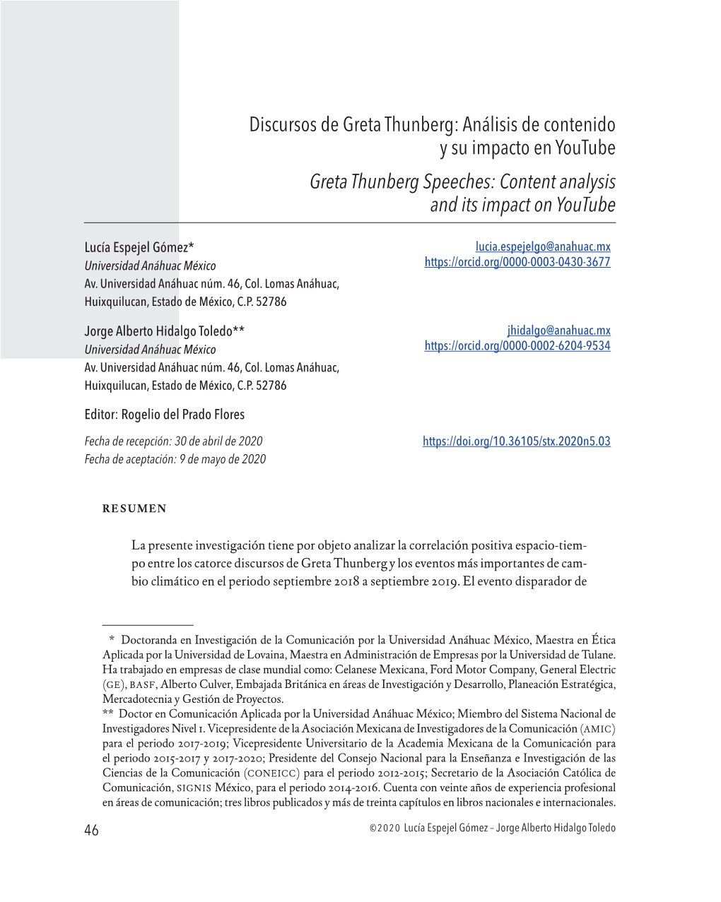 Discursos De Greta Thunberg: Análisis De Contenido Y Su Impacto En Youtube Greta Thunberg Speeches: Content Analysis and Its Impact on Youtube