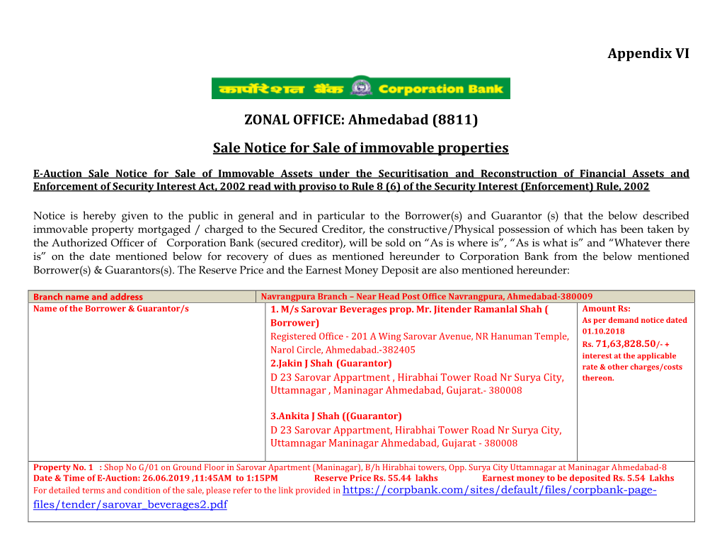 Ahmedabad (8811) Sale Notice for Sale of Immovable Properties