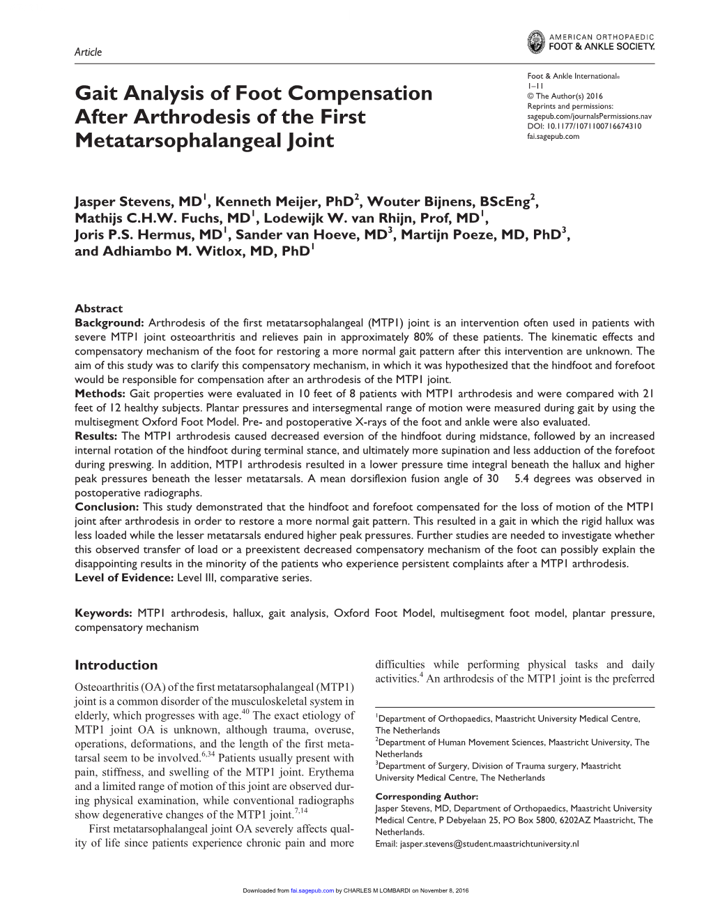Gait Analysis of Foot Compensation After Arthrodesis of the First Metatarsophalangeal Joint