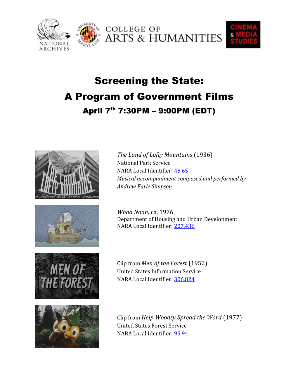 Screening the State: a Program of Government Films April 7Th 7:30PM – 9:00PM (EDT)