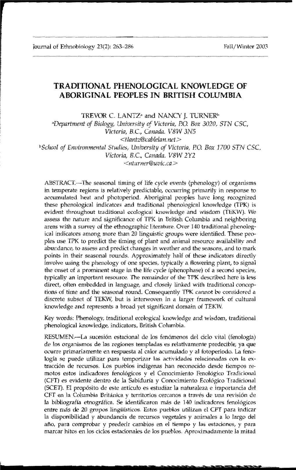 Traditional Phenological Knowledge of Aboriginal Peoples in British Columbia
