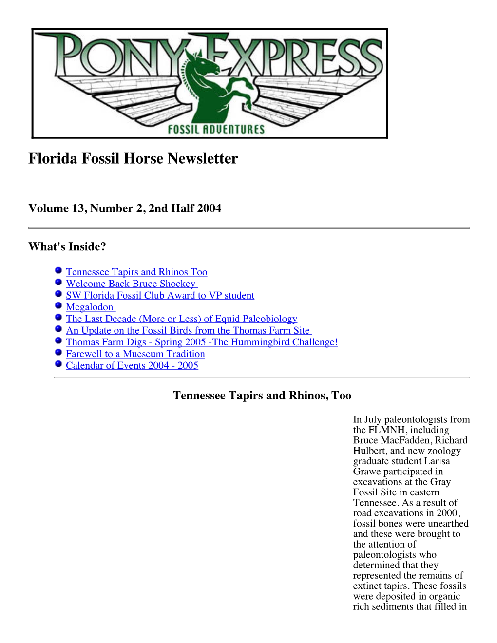 Florida Fossil Horse Newsletter