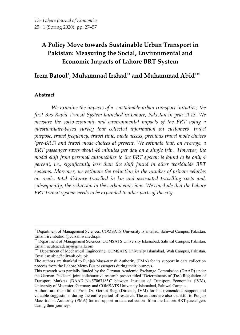 A Policy Move Towards Sustainable Urban Transport in Pakistan: Measuring the Social, Environmental and Economic Impacts of Lahore BRT System