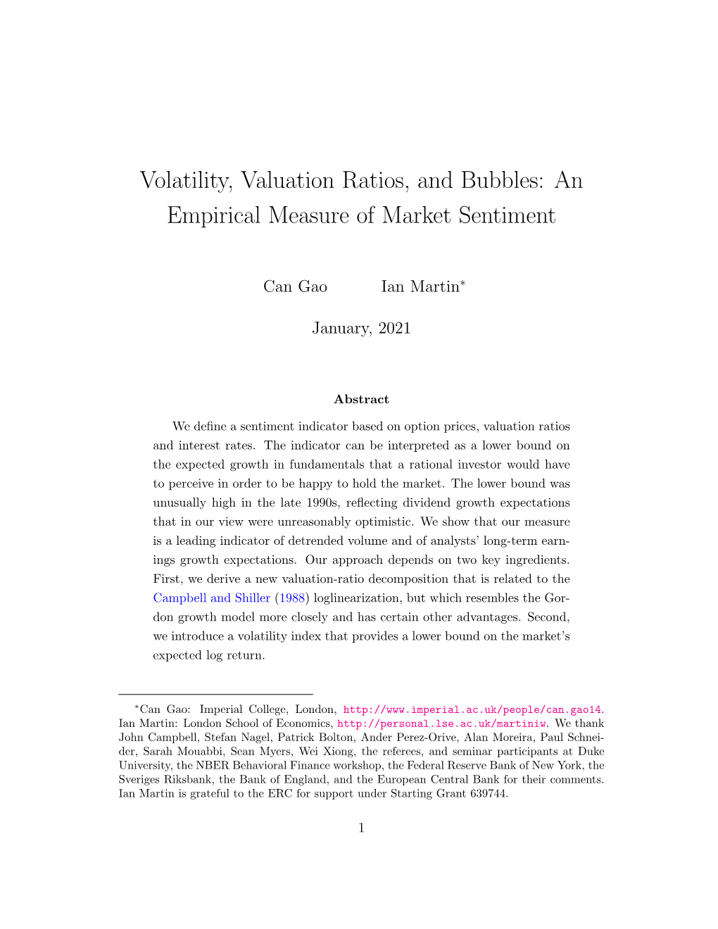 Volatility, Valuation Ratios, and Bubbles: an Empirical Measure of Market Sentiment